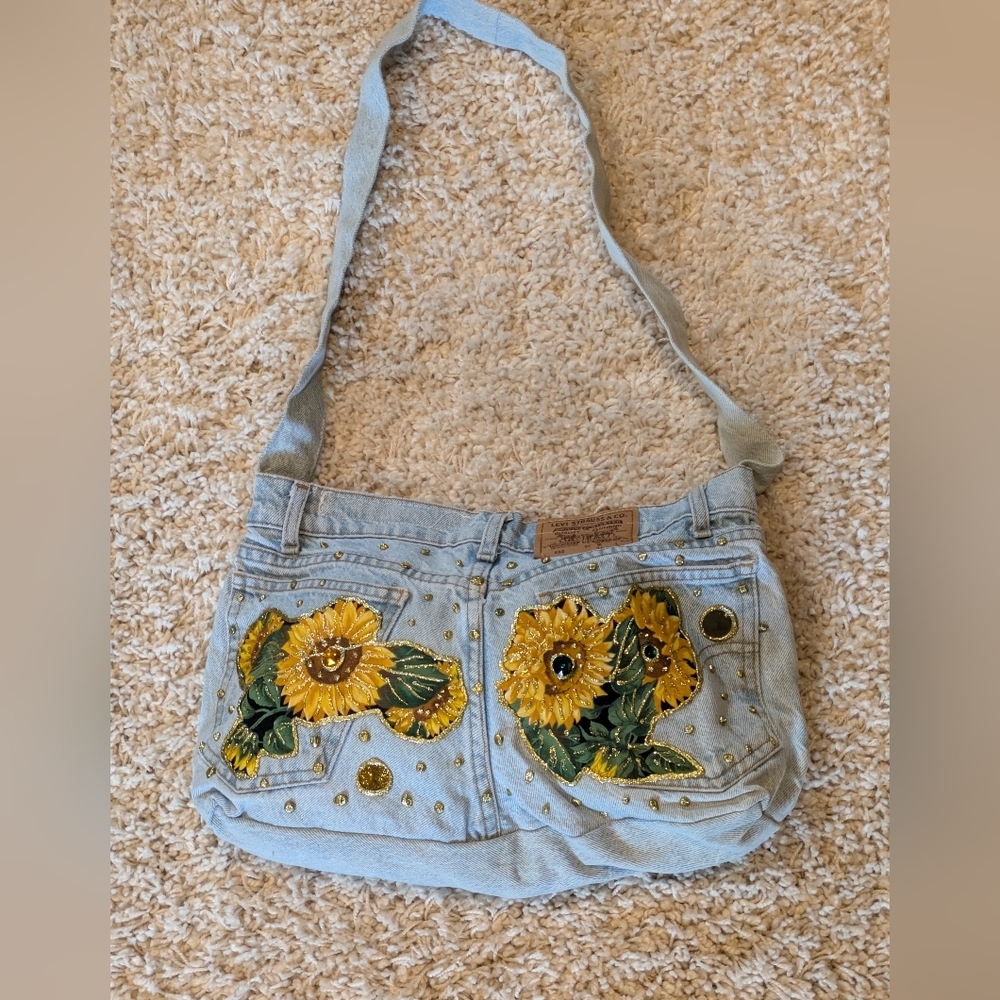 Repurposed Levi Jeans Denim Crossbody/Shoulder Bag Sunflowers - Picture 3 of 8